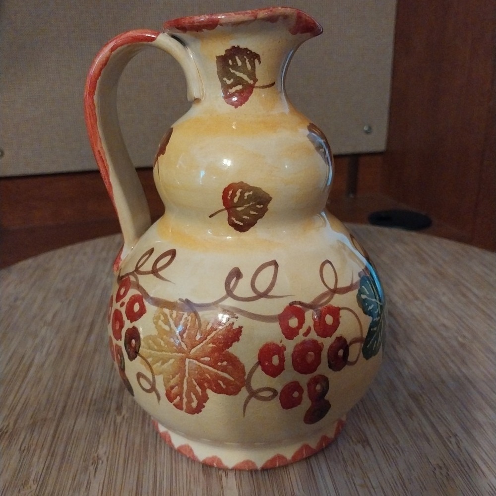 Italian Hand Painted Pottery Pitcher 7" Grapevine Very Decorative Rustic READ